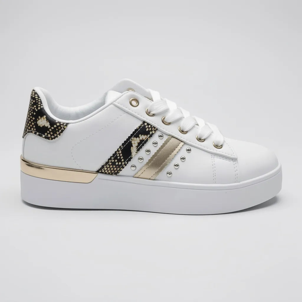 Aeropostal Tenis Moderno Blanco Estampado Serpiente Dorado Lateral y Talón Suela Blanca | Compralo en Soy Reinventada GT | 1