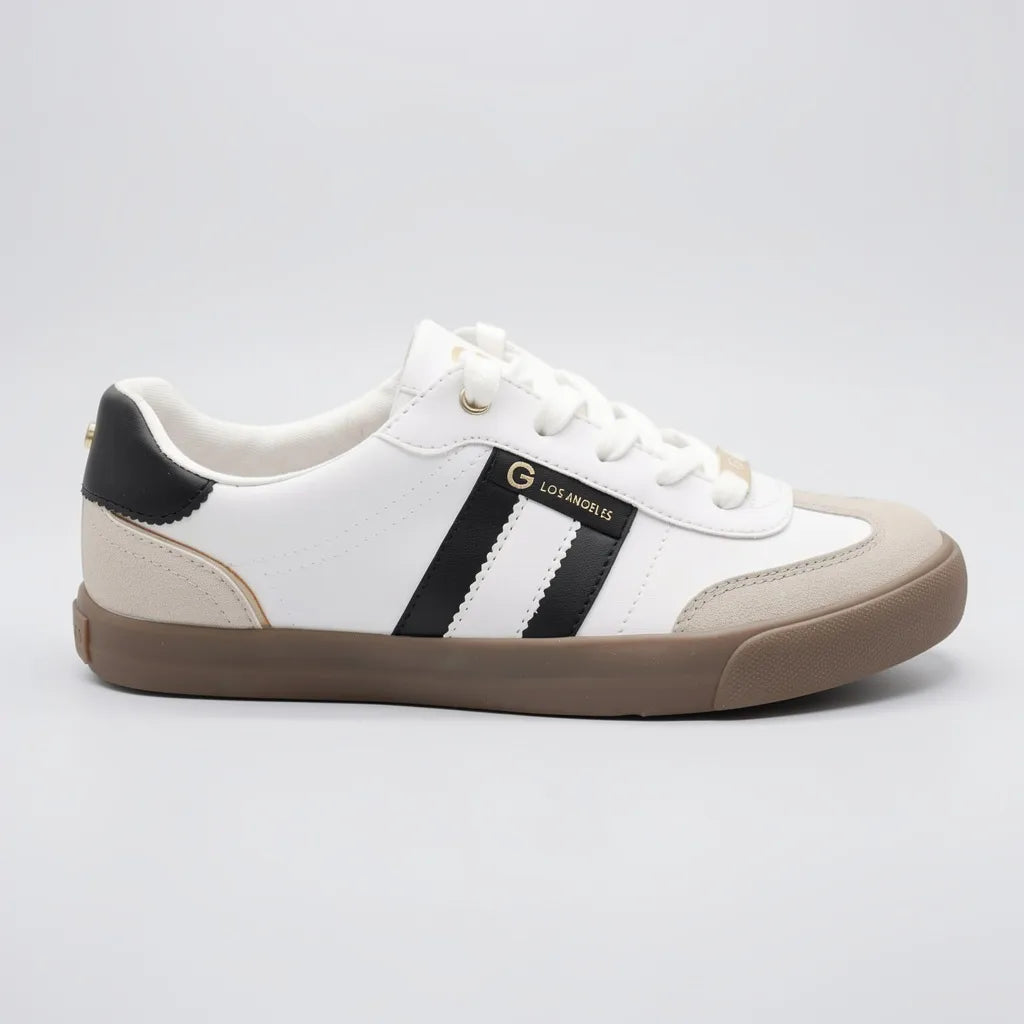 GBG Tenis Urbano Blanco Gamuza Gris Talón y Punta Suela Café | Compralo en Soy Reinventada GT | 1