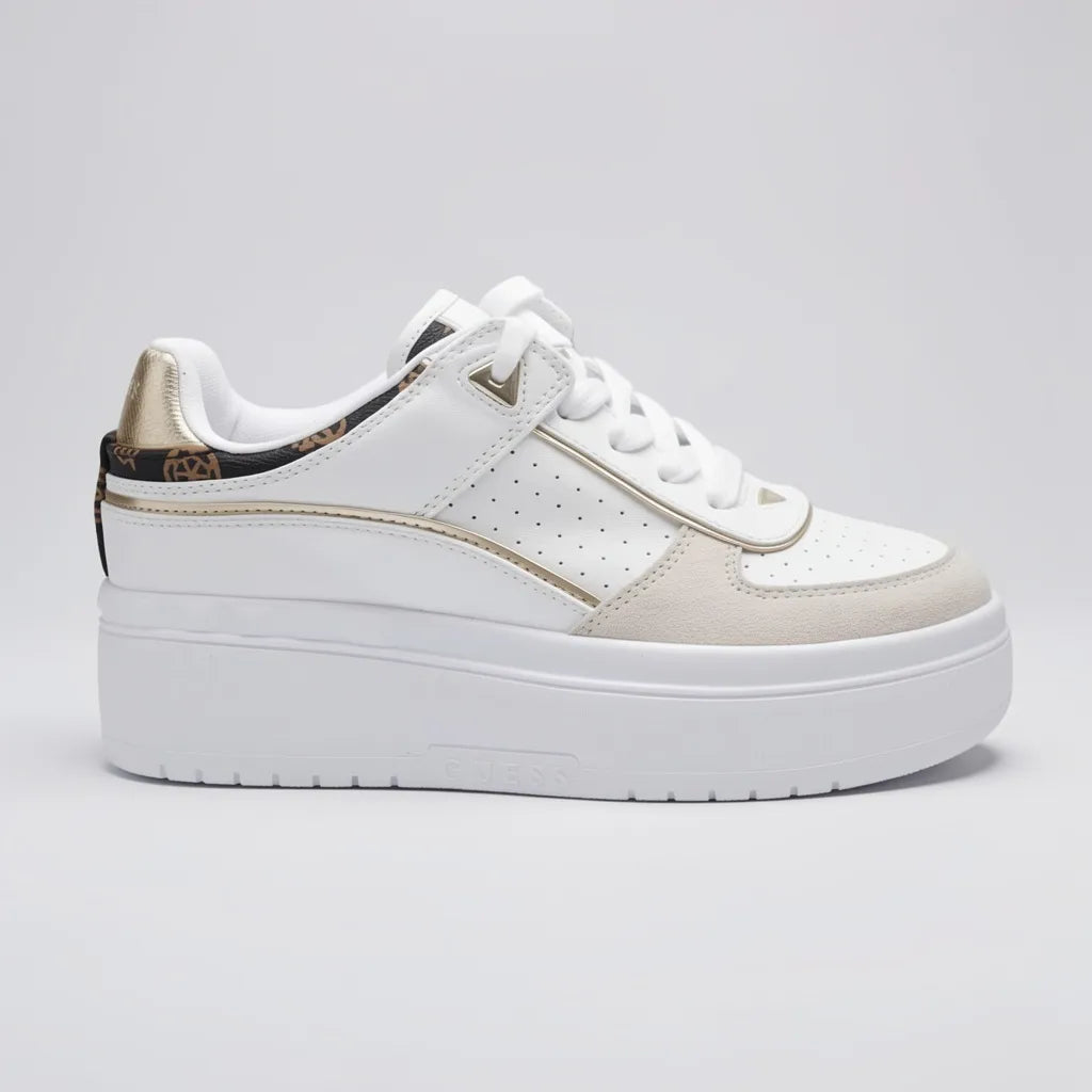 Guess Plataforma Moderno Blanco Estampado Figuras Guess Café/ Dorado Talón Suela Blanca | Compralo en Soy Reinventada GT | 1