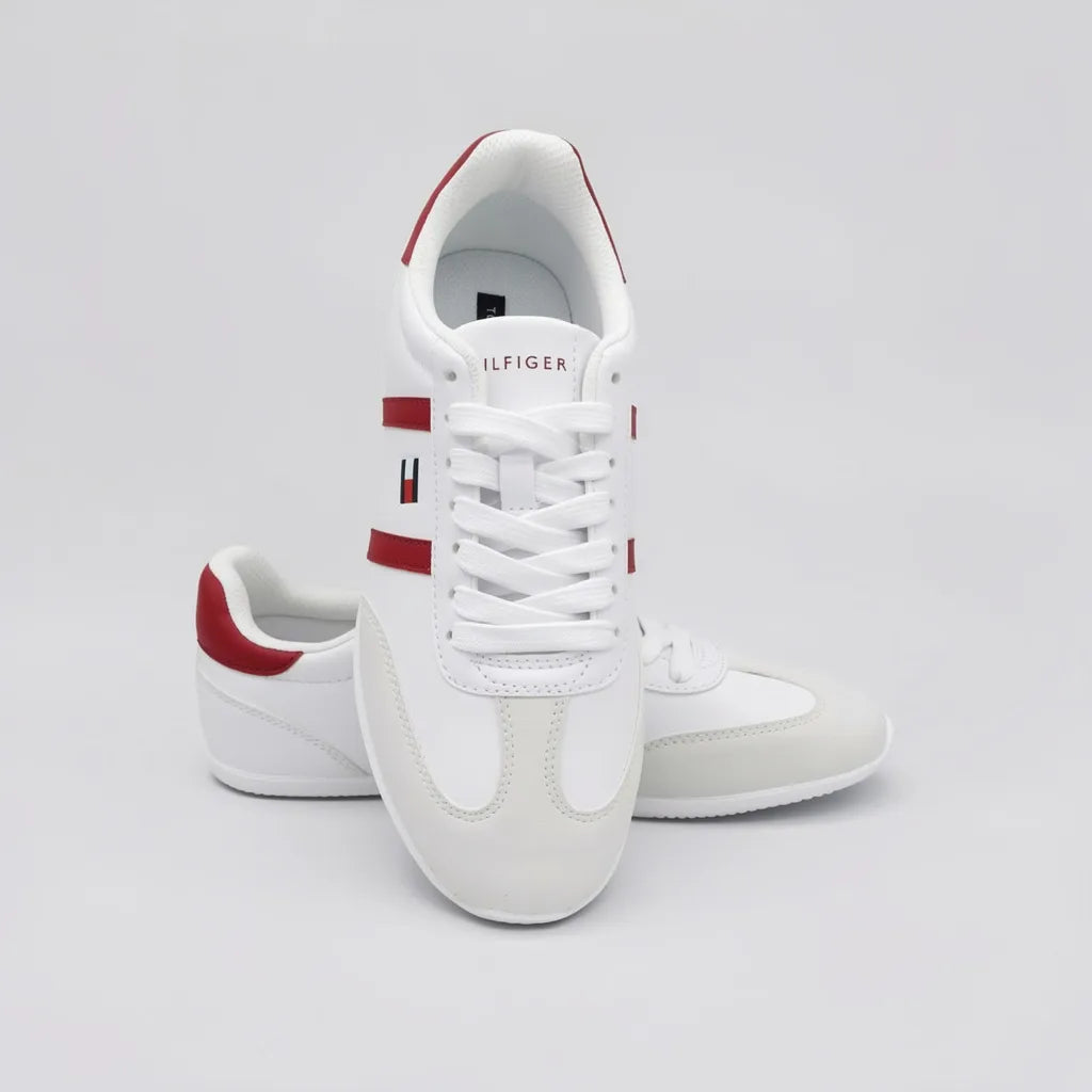 Tommy Tenis Urbano Blanco Franjas / Lineas Rojo Lateral y Talón Suela Blanca | Photo Studio AI | 5