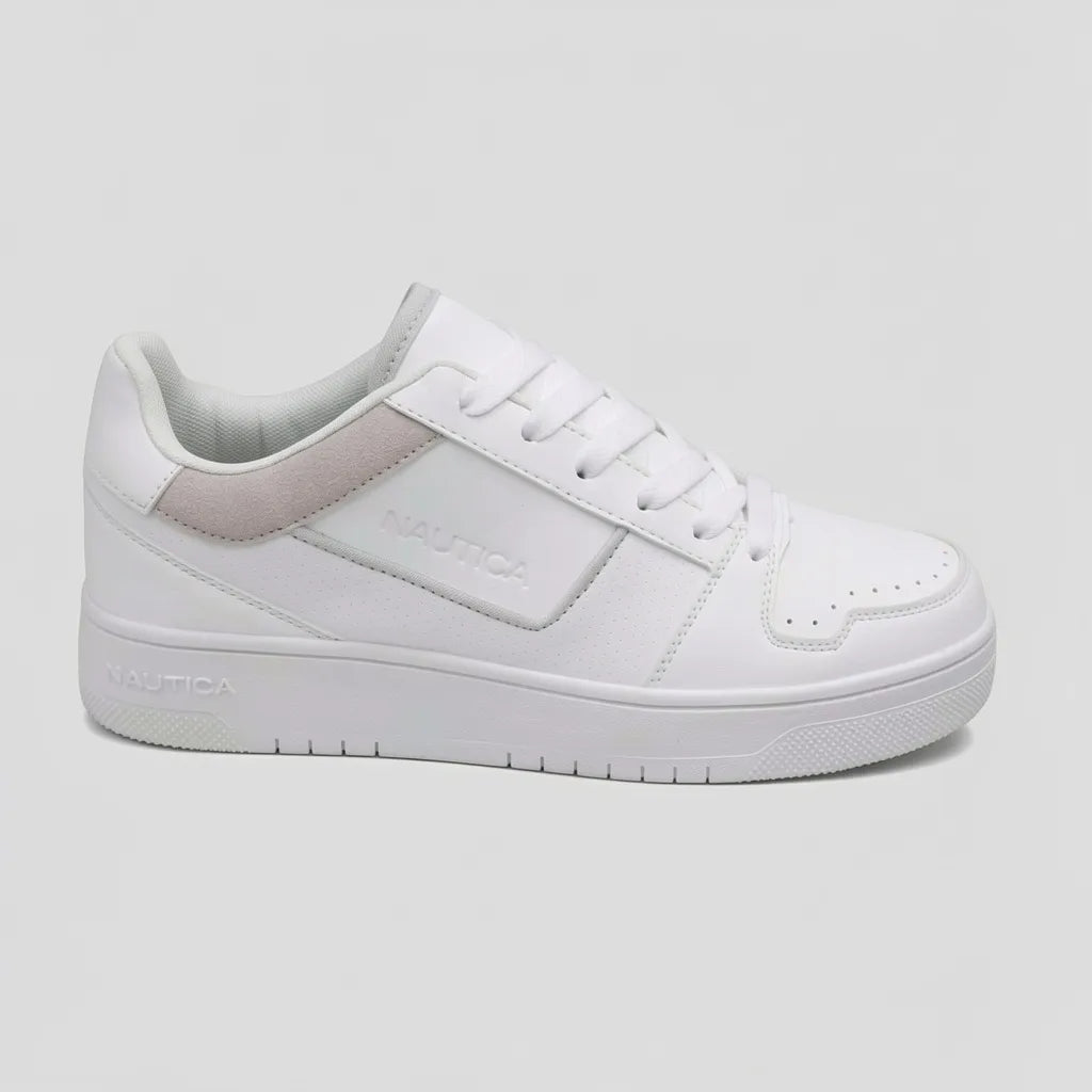 Nautica Tenis Plataforma Blanco Gamuza Gris Claro Cuello Externo Suela Blanca | Photo Studio AI | 1