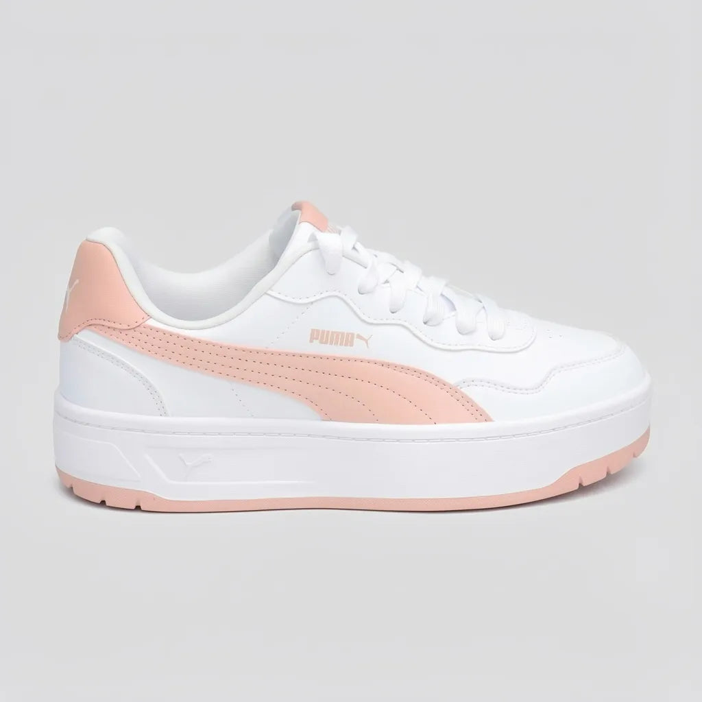 Puma Tenis Plataforma Blanco Franjas / Lineas Rosado Lateral Suela Blanca/ Rosado | Photo Studio AI | 1