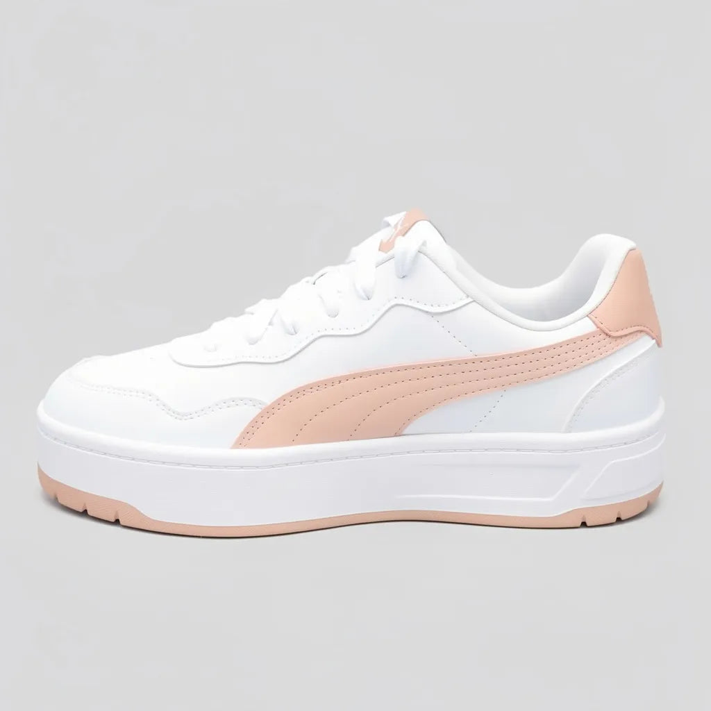Puma Tenis Plataforma Blanco Franjas / Lineas Rosado Lateral Suela Blanca/ Rosado | Photo Studio AI | 2
