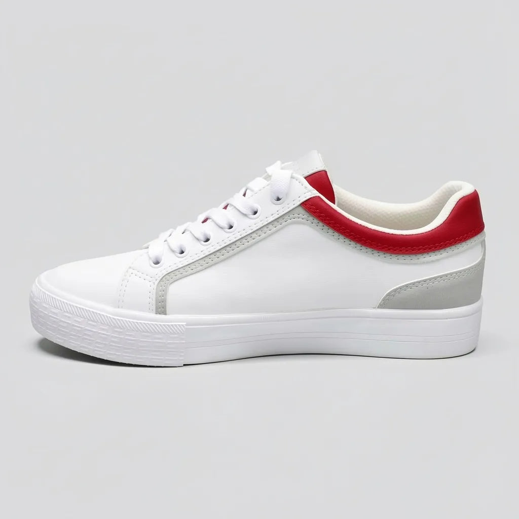 Tommy Tenis Plataforma Blanco Detalles Rojo/ Azul/ Gris Lateral, Lengüeta y talón Suela Blanca | Photo Studio AI | 2