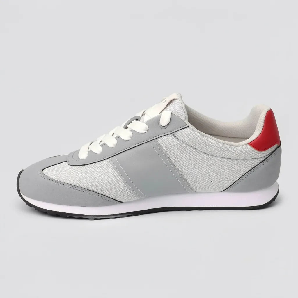 Tommy Tenis Retro Gris Detalles Rojo Talón Suela Blanca/ negro | Photo Studio AI | 2