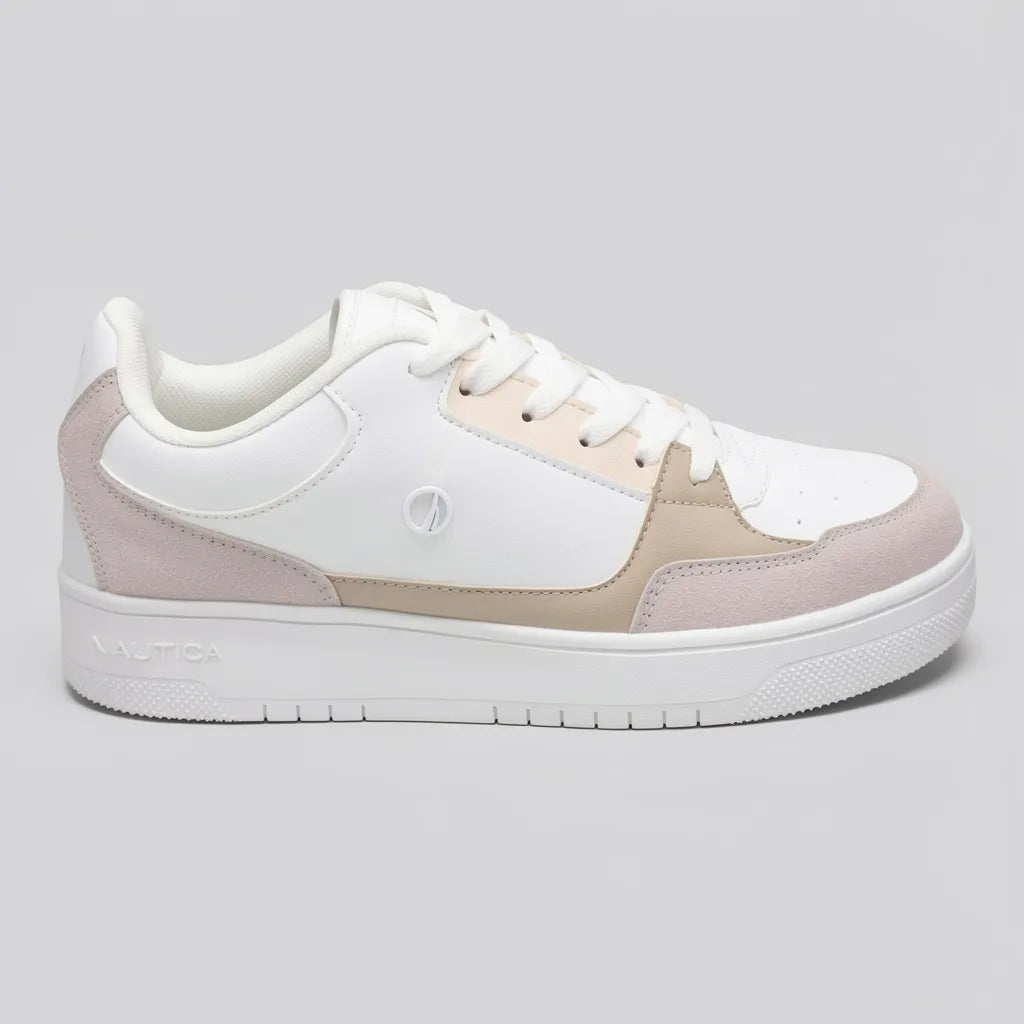 Nautica Tenis Plataforma Blanco Detalles Café/ Beige Lateral Suela Blanca | Photo Studio AI | 1