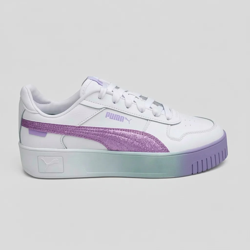 Puma Tenis Plataforma Blanco Brillantina Morado Lateral Suela Blanco/ Morado | Photo Studio AI | 1