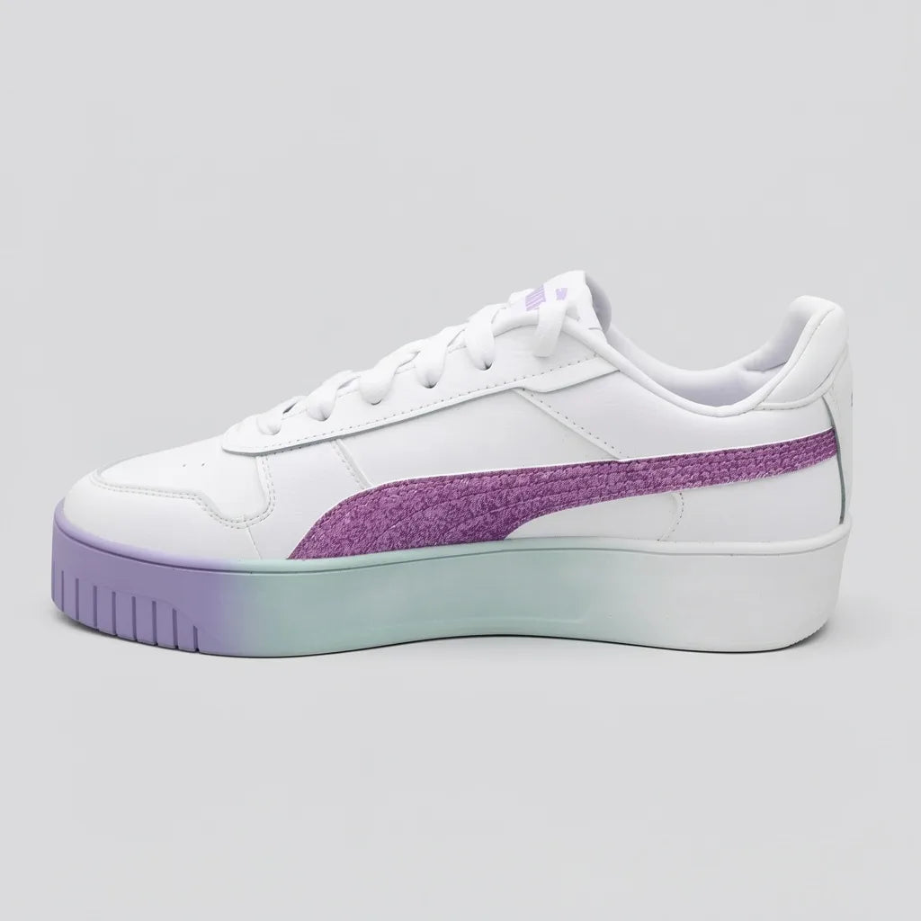 Puma Tenis Plataforma Blanco Brillantina Morado Lateral Suela Blanco/ Morado | Photo Studio AI | 2