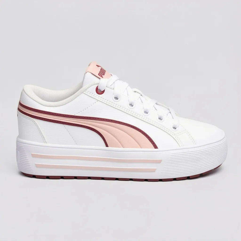 Puma Tenis Urbano Blanco Franjas / Lineas Rosado/ Corinto Lateral Suela Blanca | Photo Studio AI | 1