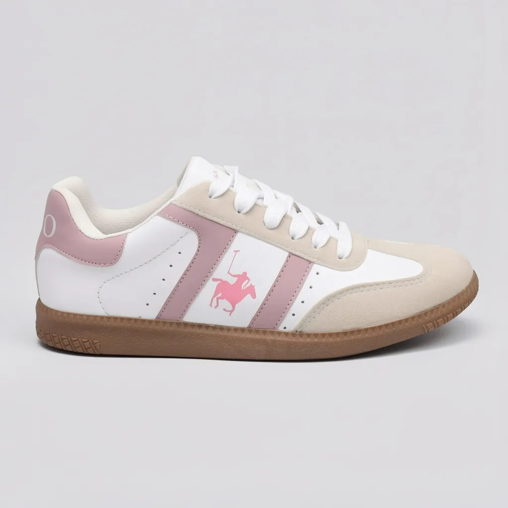 Polo Tenis Moderno Blanco Detalles Palo Rosa Talón Suela Café | Photo Studio AI | 1