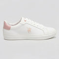 Polo Tenis Moderno Blanco Detalles Rosado Lateral, Lengüeta y talón Suela Blanca | Photo Studio AI | 1