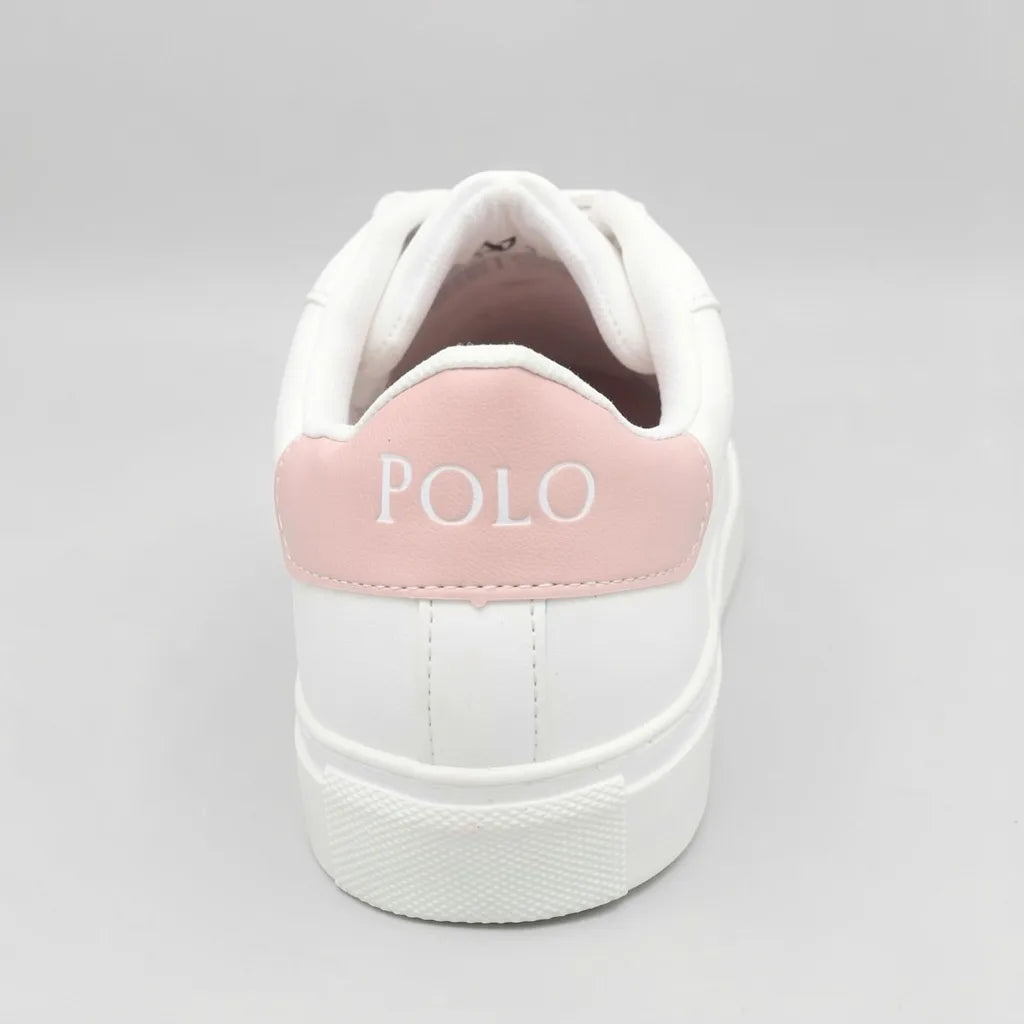 Polo Tenis Moderno Blanco Detalles Rosado Lateral, Lengüeta y talón Suela Blanca | Photo Studio AI | 4