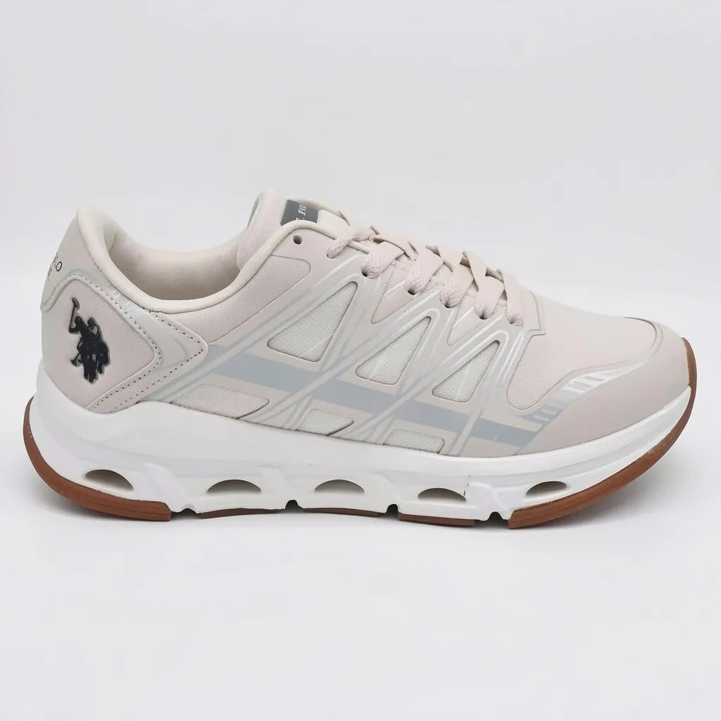 Polo Tenis Deportivo/ Casual Crema Franjas / Lineas Plateado Lateral y punta Suela Blanco Hueso/ Café | Photo Studio AI | 1