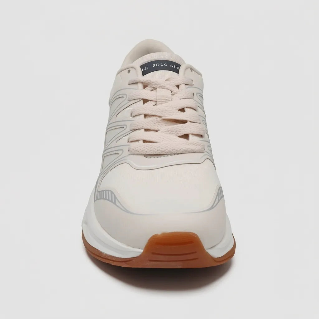 Polo Tenis Deportivo/ Casual Crema Franjas / Lineas Plateado Lateral y punta Suela Blanco Hueso/ Café | Photo Studio AI | 3