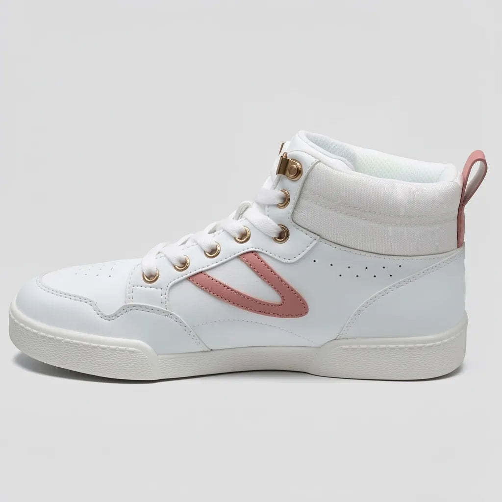 Tretorn Tenis High Top Blanco Detalles Rosado Lateral, Lengüeta y talón Suela Blanca | Photo Studio AI | 2