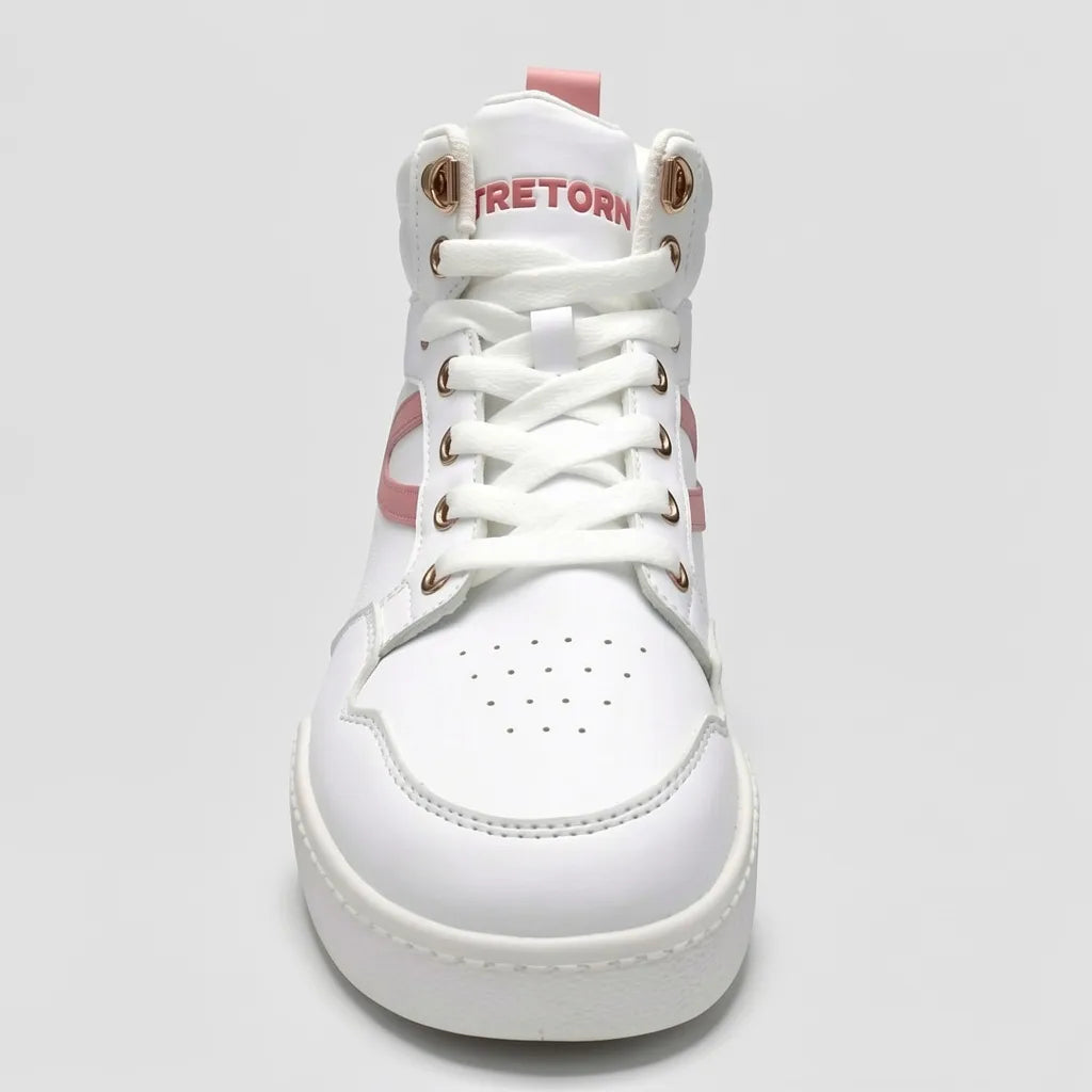 Tretorn Tenis High Top Blanco Detalles Rosado Lateral, Lengüeta y talón Suela Blanca | Photo Studio AI | 3