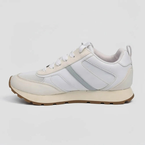 Calvin Klein Tenis Deportivo/ Casual Blanco Franjas / Lineas Verde Pastel Lateral Suela Crema/ Café | Photo Studio AI | 2