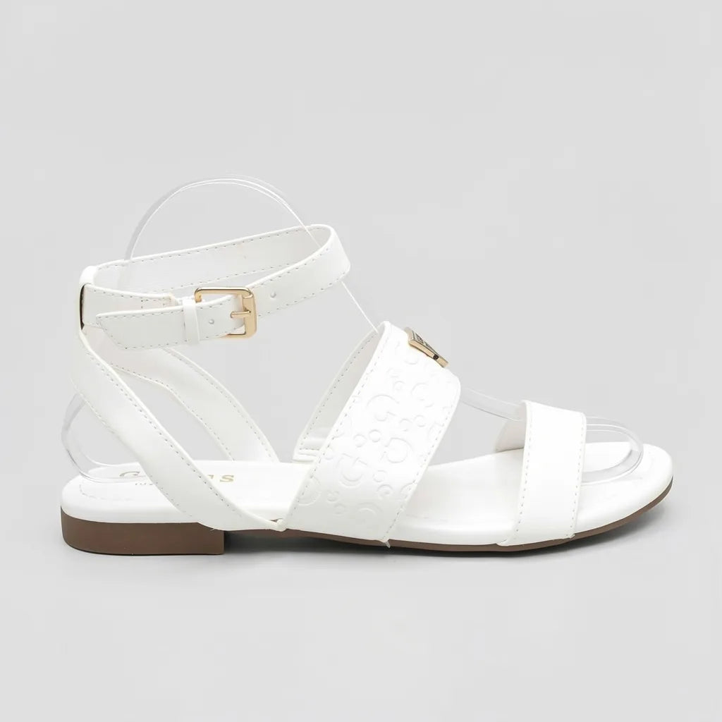 Guess Sandalia Tiras Blanco Textura Guess Dorado Empeine Suela Café | Photo Studio AI | 1