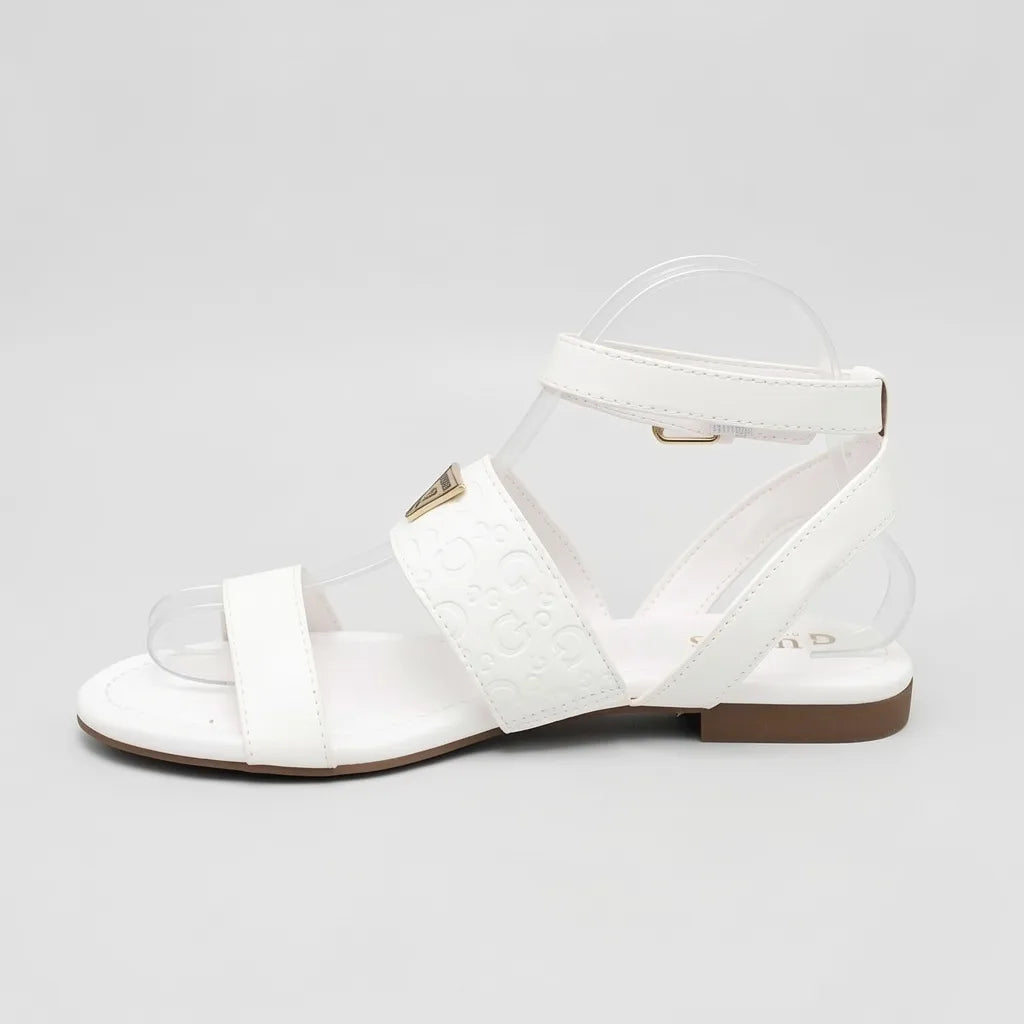 Guess Sandalia Tiras Blanco Textura Guess Dorado Empeine Suela Café | Photo Studio AI | 2