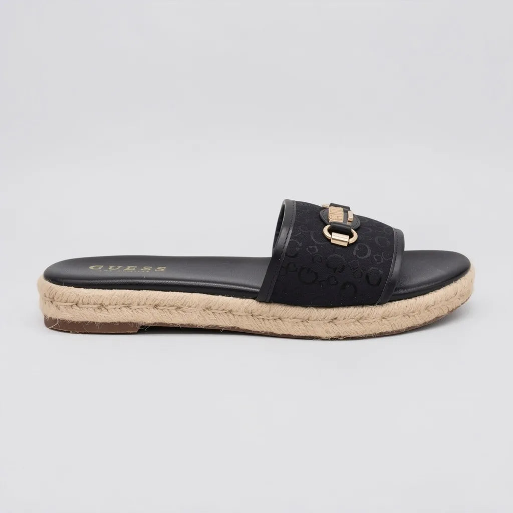 Guess Sandalia Slip On Negro Bordado G Dorado Empeine Suela Yute | Photo Studio AI | 1