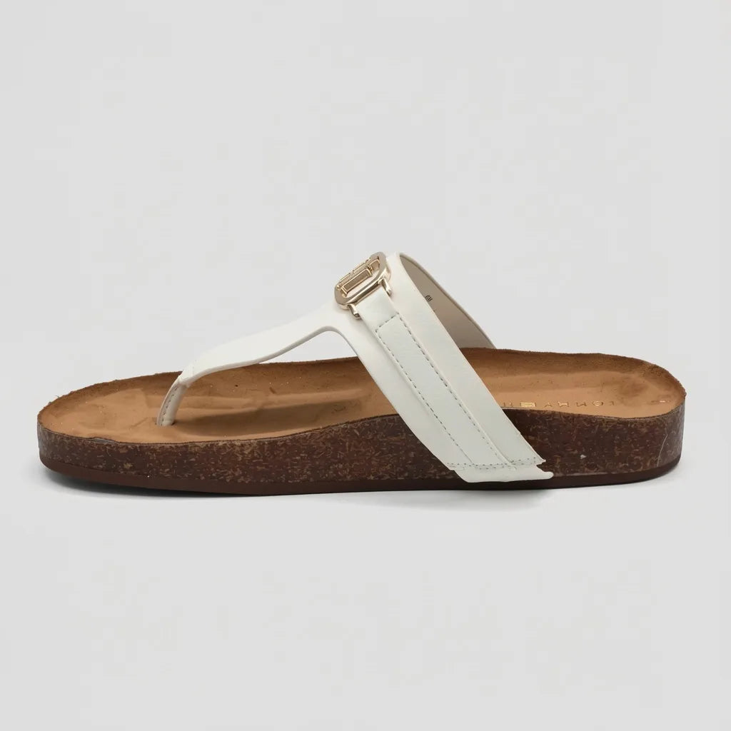 Tommy Sandalia Dedo Blanco hueso Placa Dorado Empeine Suela Corcho | Photo Studio AI | 2