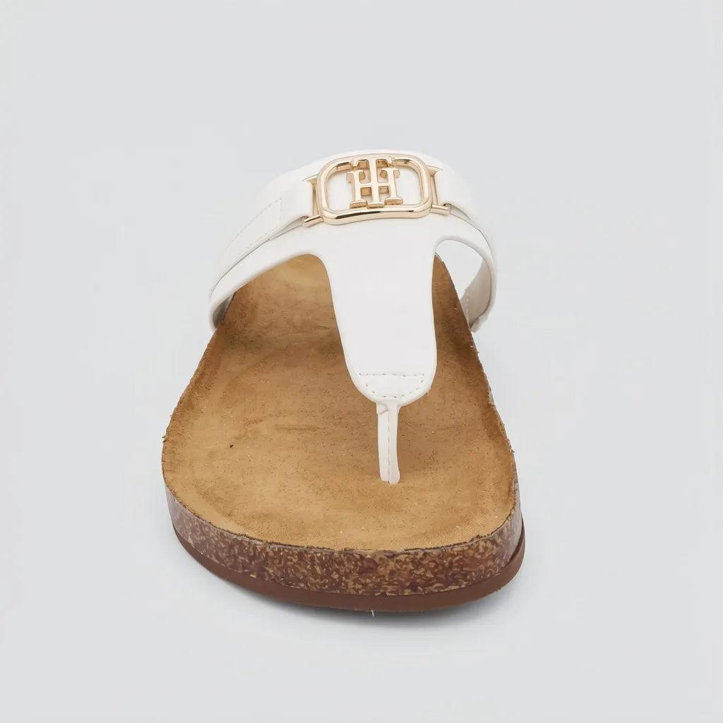 Tommy Sandalia Dedo Blanco hueso Placa Dorado Empeine Suela Corcho | Photo Studio AI | 3