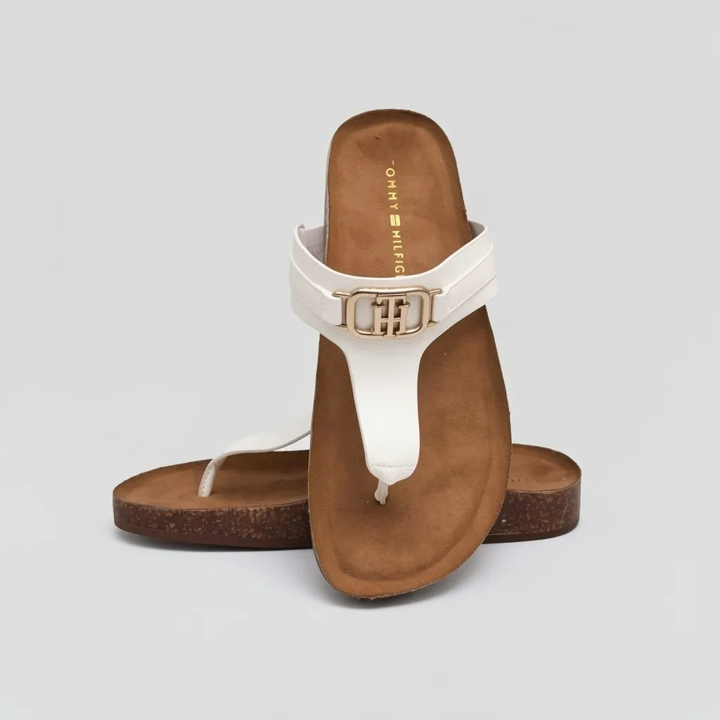 Tommy Sandalia Dedo Blanco hueso Placa Dorado Empeine Suela Corcho | Photo Studio AI | 5