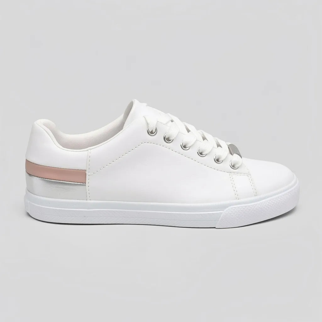Tommy Tenis Minimal Blanco Franjas / Lineas Rosado/ Plateado Talón Suela Blanca | Photo Studio AI | 1