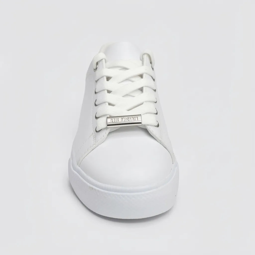 Tommy Tenis Minimal Blanco Franjas / Lineas Rosado/ Plateado Talón Suela Blanca | Photo Studio AI | 3