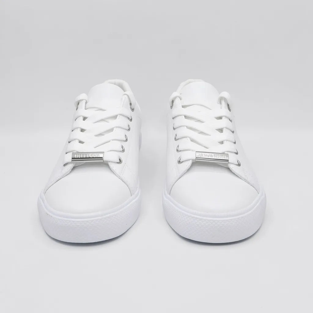 Tommy Tenis Minimal Blanco Franjas / Lineas Rosado/ Plateado Talón Suela Blanca | Photo Studio AI | 5