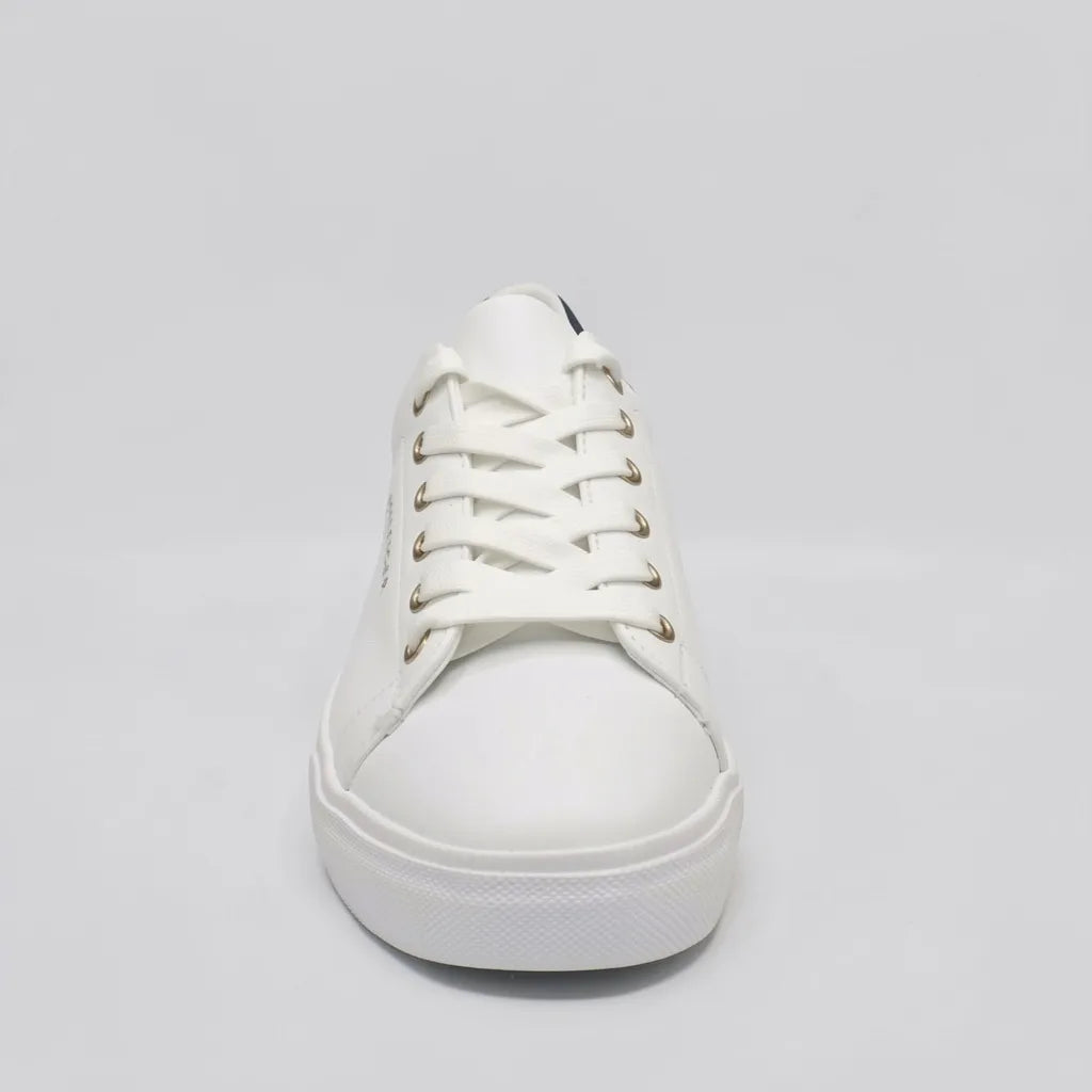 Tommy Tenis Minimal Blanco Bandera Rojo/ Azul Talón Suela Blanca | Photo Studio AI | 3