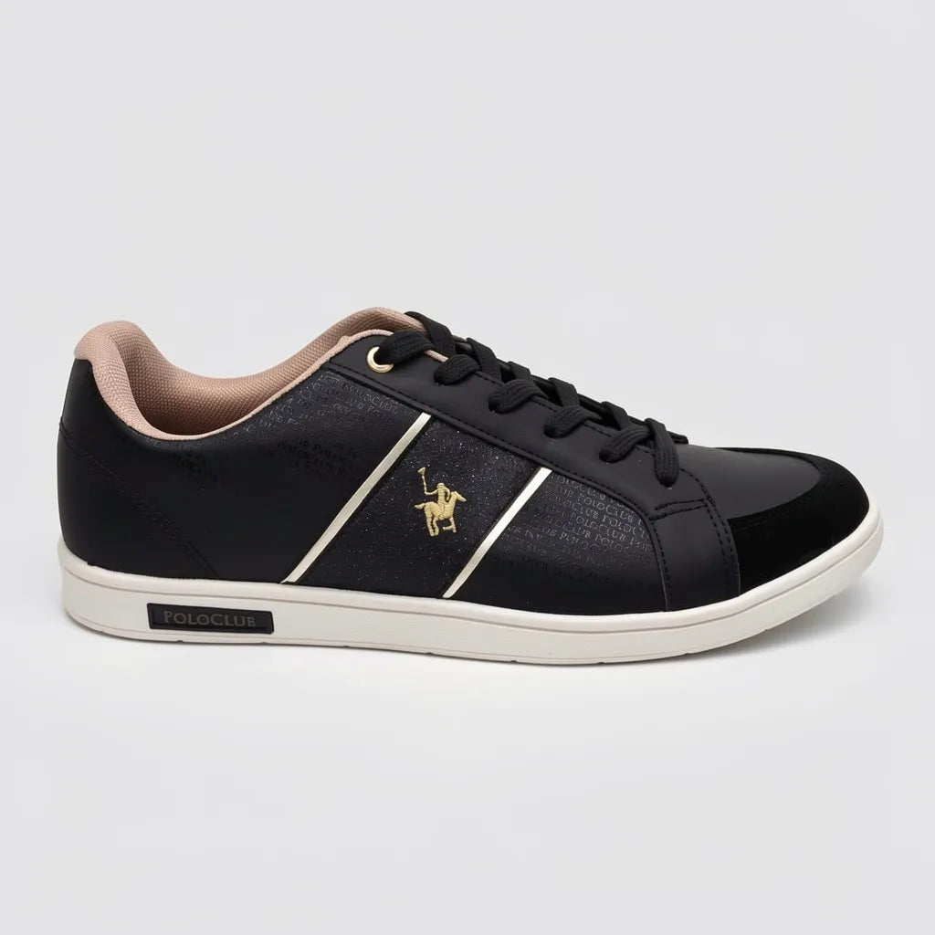 Polo Tenis Moderno Negro Estampado Polo Negro Brillantina Lateral y Talón Suela Blanca | Photo Studio AI | 1