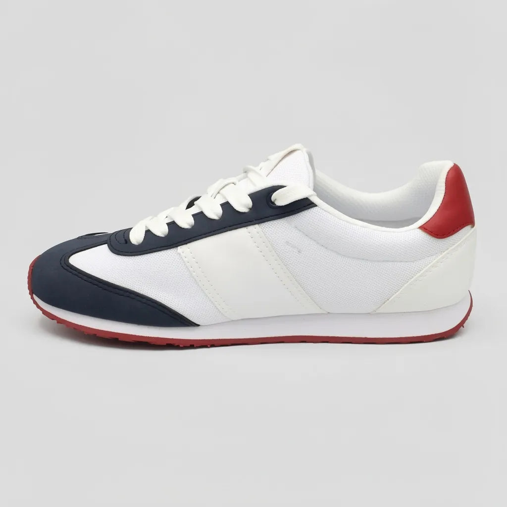 Tommy Tenis Deportivo/ Casual Blanco Gamuza Azul Marino Punta Suela Blanca/ Rojo | Photo Studio AI | 2