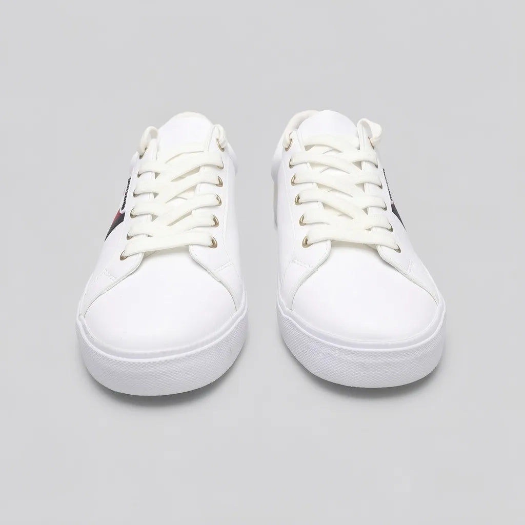 Tommy Tenis Minimal Blanco Franjas / Lineas Rojo/ Azul/ Blanco Lateral Suela Blanca | Photo Studio AI | 4