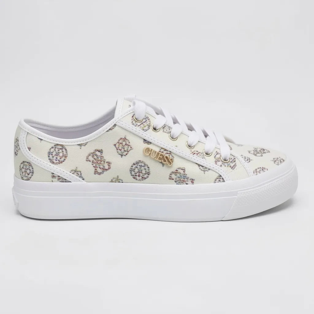 Guess Tenis Moderno Blanco hueso Bordado Guess Dorado Todo Suela Blanca | Photo Studio AI | 2