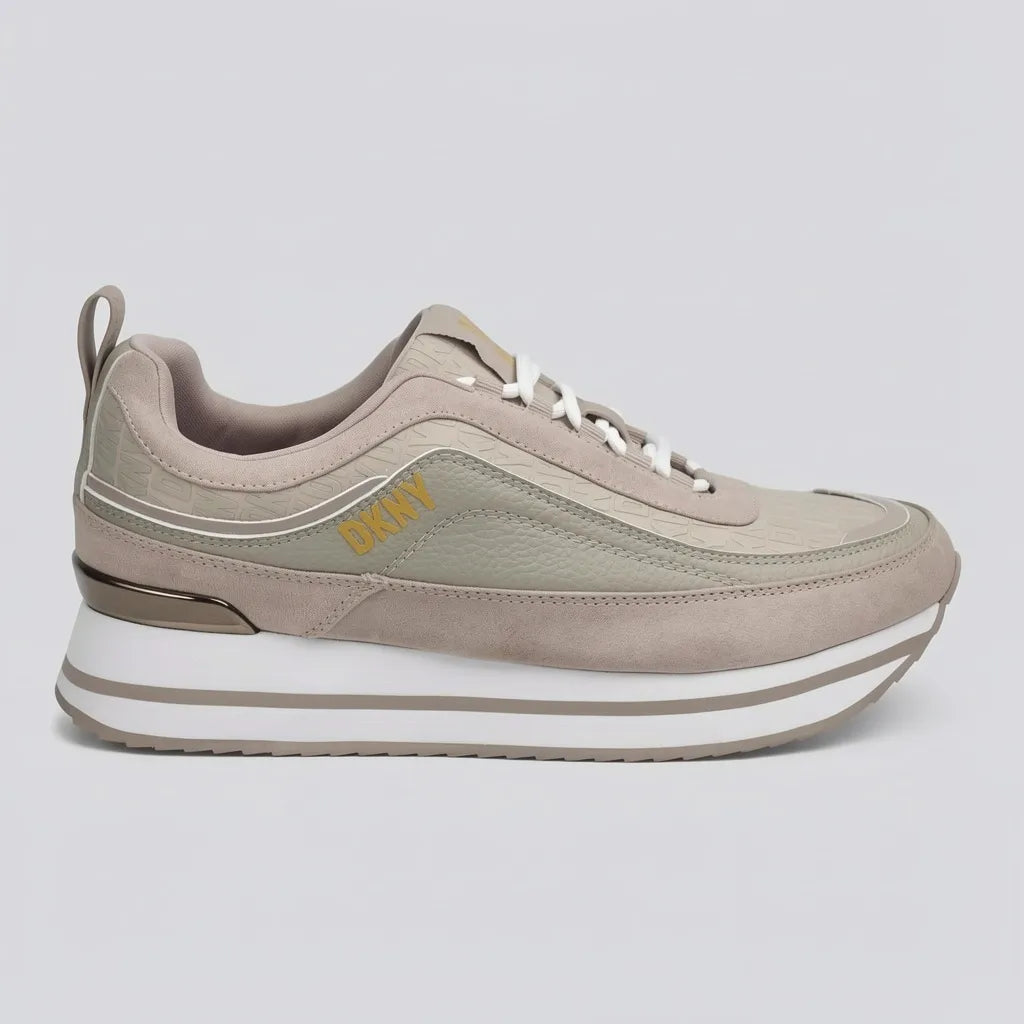DKNY Tenis Deportivo/ Casual Beige Placa N/A Talón Suela Blanca/ gris | Photo Studio AI | 1