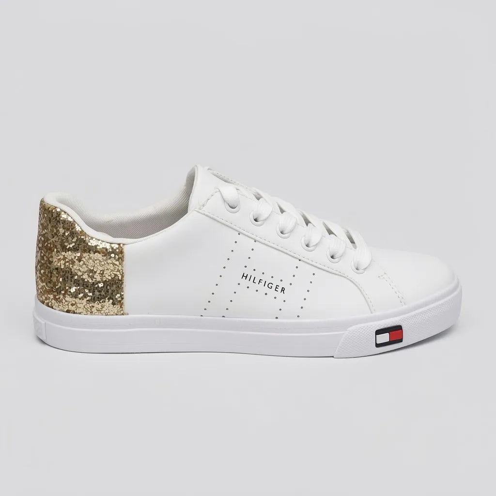 Tommy Tenis Moderno Blanco Brillantina Dorado Talón Suela Blanca