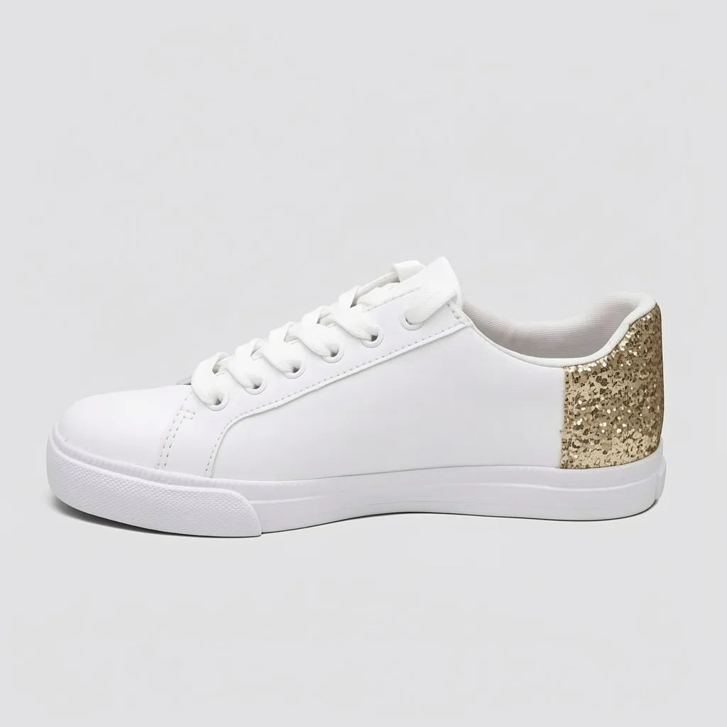 Tommy Tenis Moderno Blanco Brillantina Dorado Talón Suela Blanca