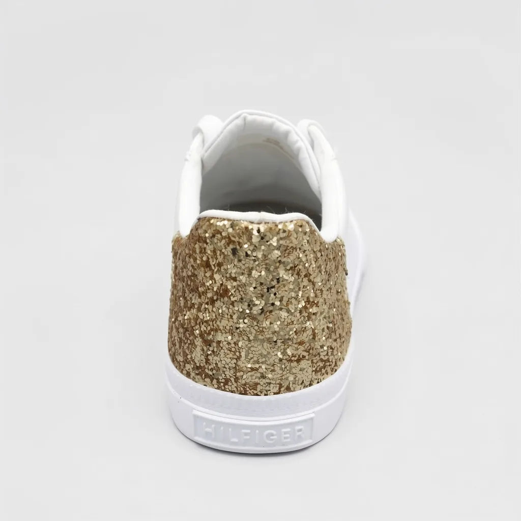 Tommy Tenis Moderno Blanco Brillantina Dorado Talón Suela Blanca